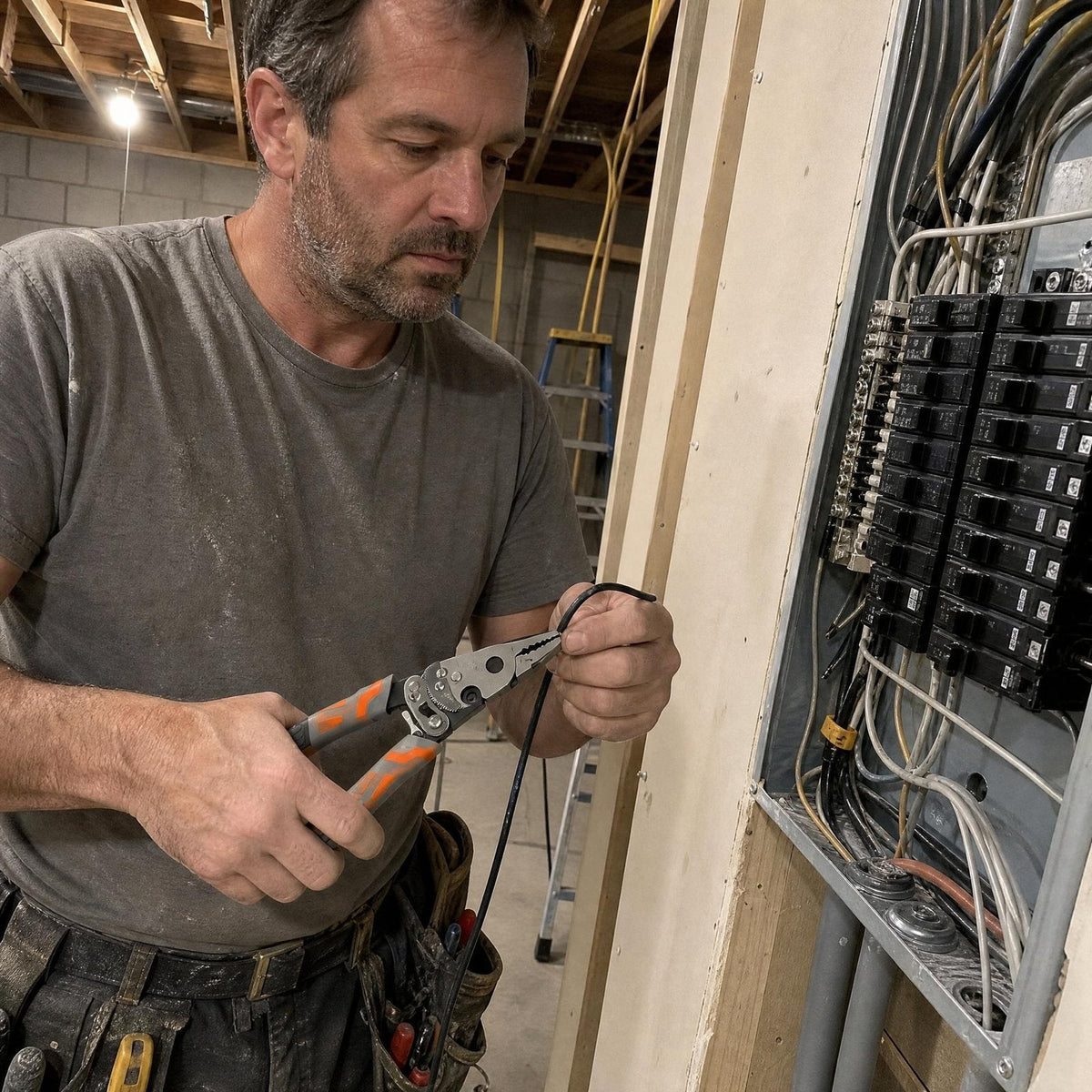 Electrician stripping wire at a breaker panel
