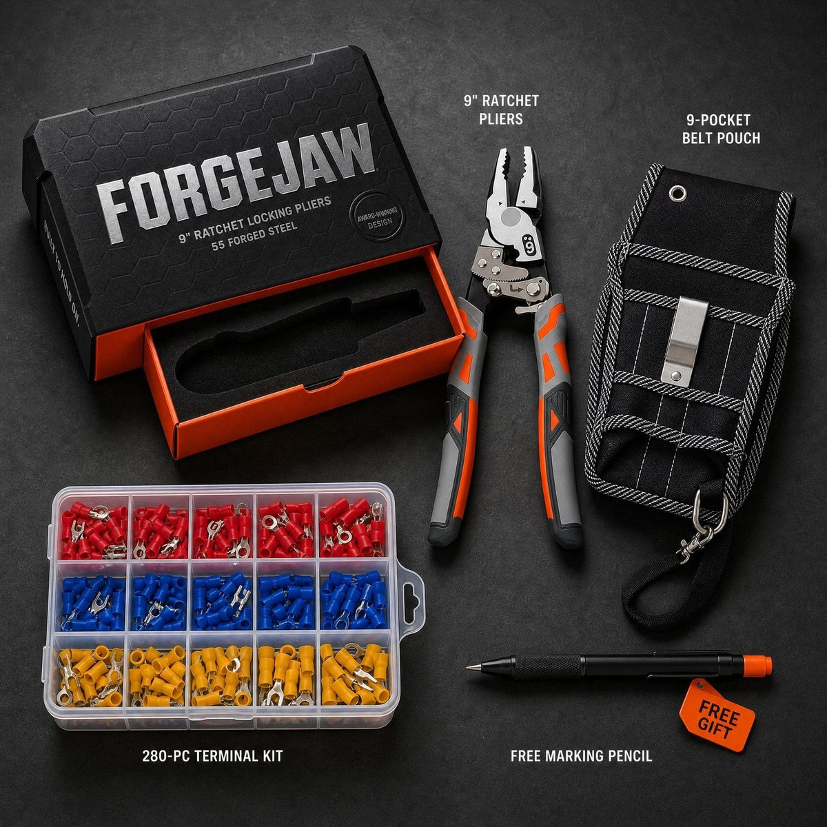 Work Loadout contents: pliers, box, belt pouch, terminal kit and free pencil