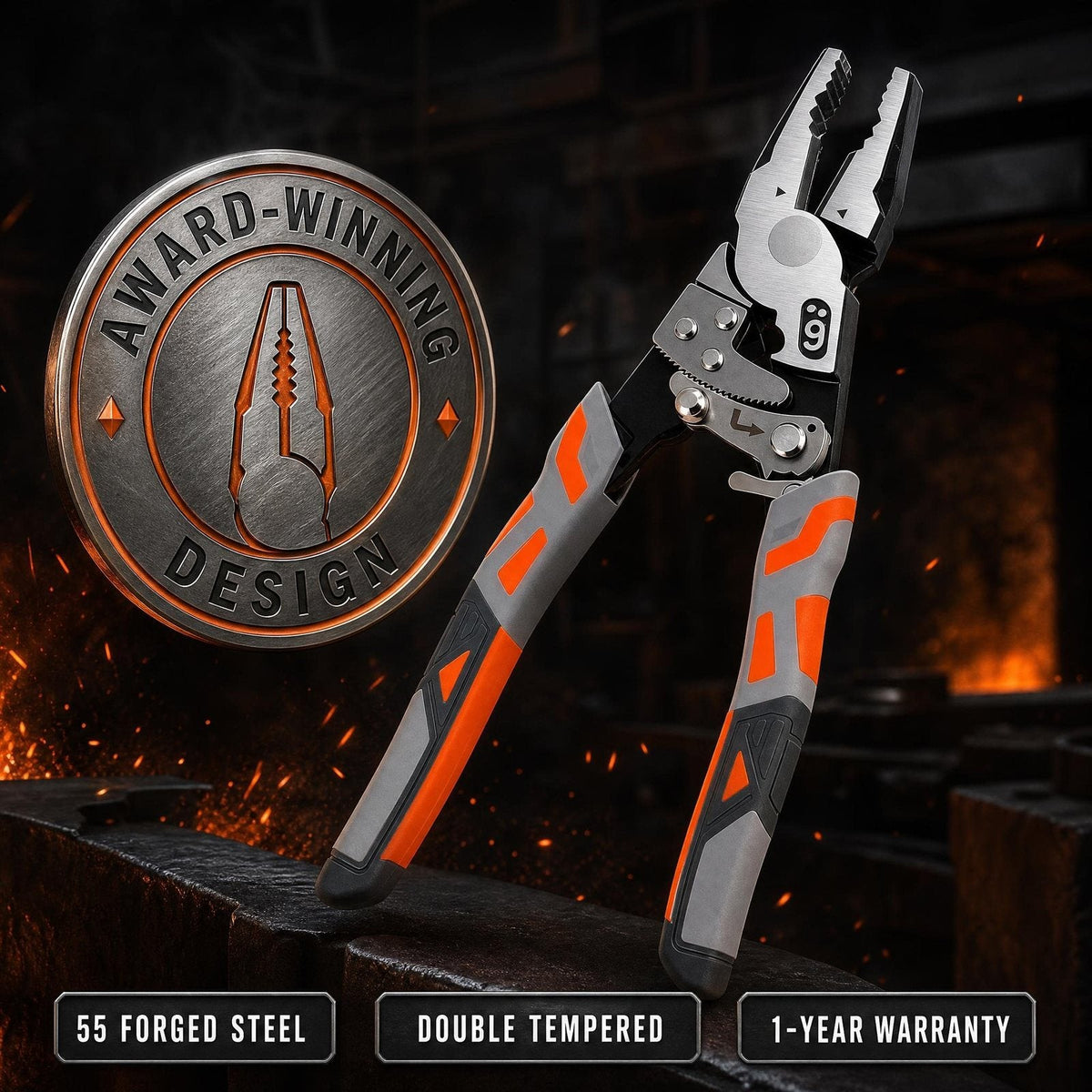 Award-winning design, 55 forged steel, 1-year warranty