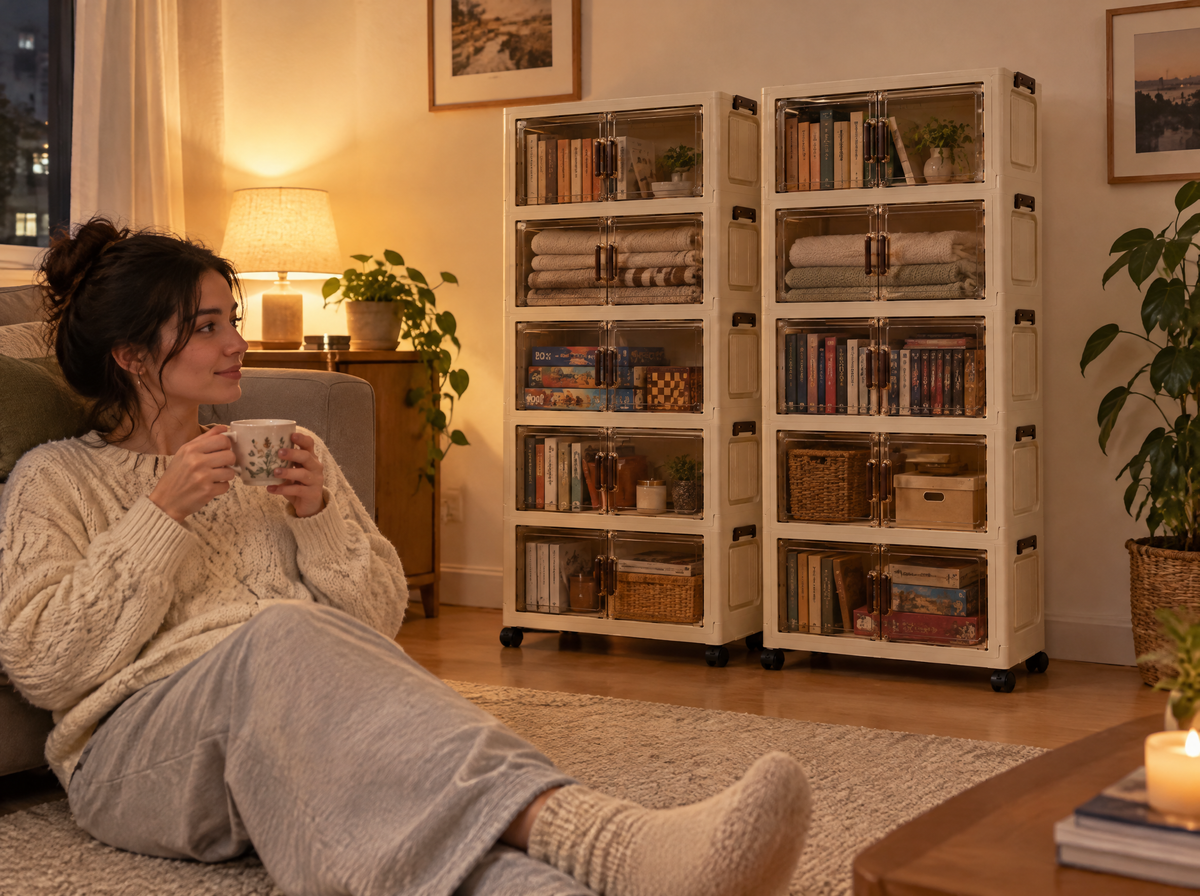 A calm living room with two FoldNest towers