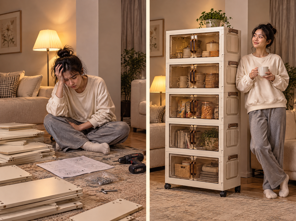 A flat-pack cabinet with tools next to a FoldNest tower