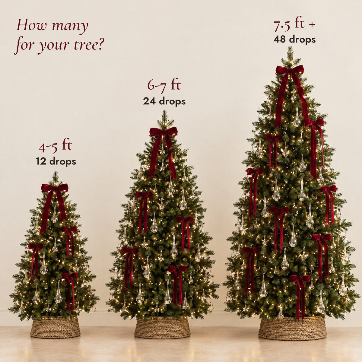How many drops for your tree: 12 for 4 to 5 ft, 24 for 6 to 7 ft, 48 for 7.5 ft and up