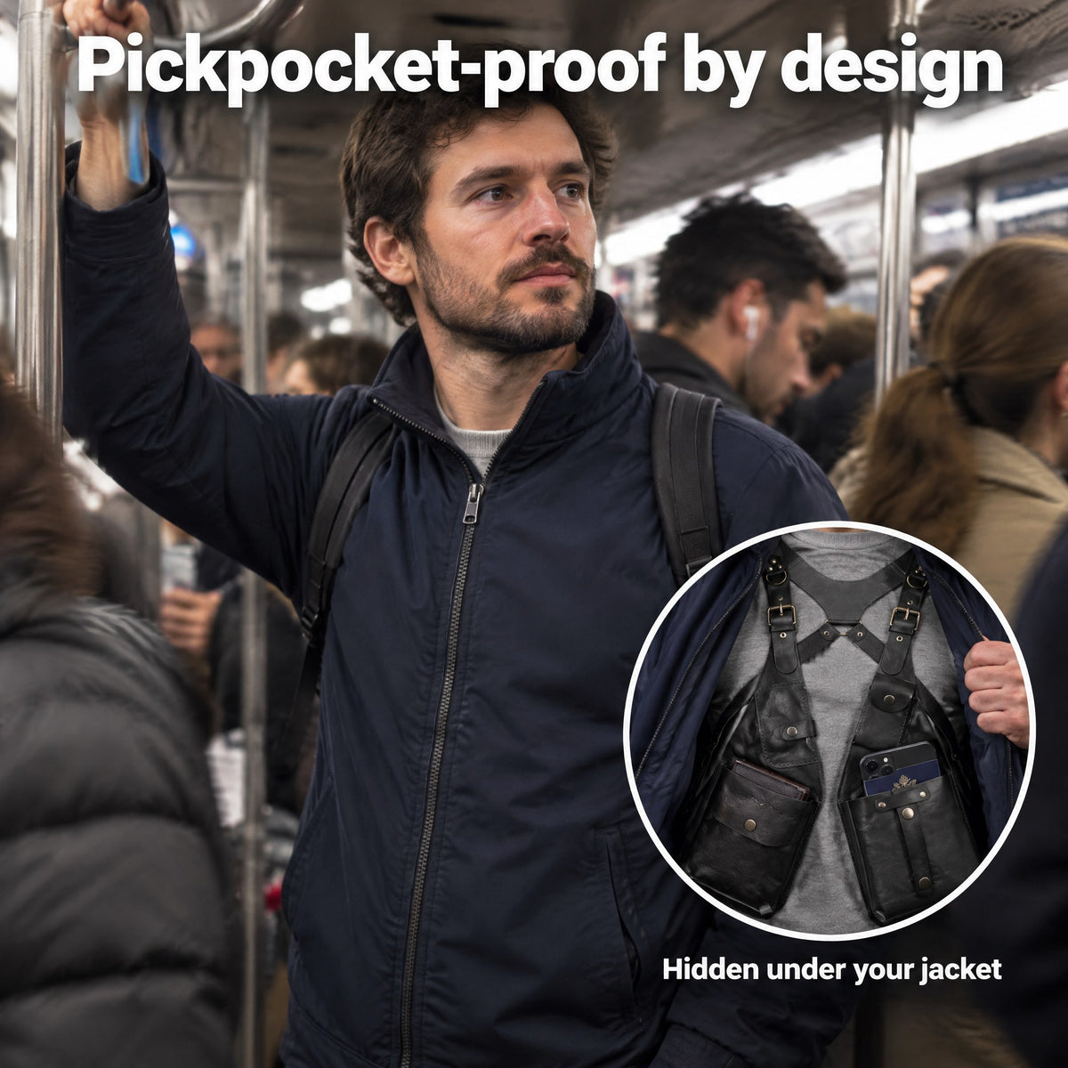 Pickpocket-proof harness hidden under a jacket on a crowded metro