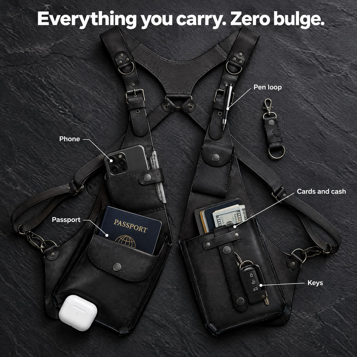What fits in the harness: phone, passport, cards, cash and keys