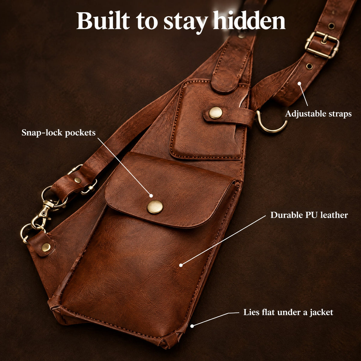 Close-up of the snap-lock leather pocket and adjustable straps