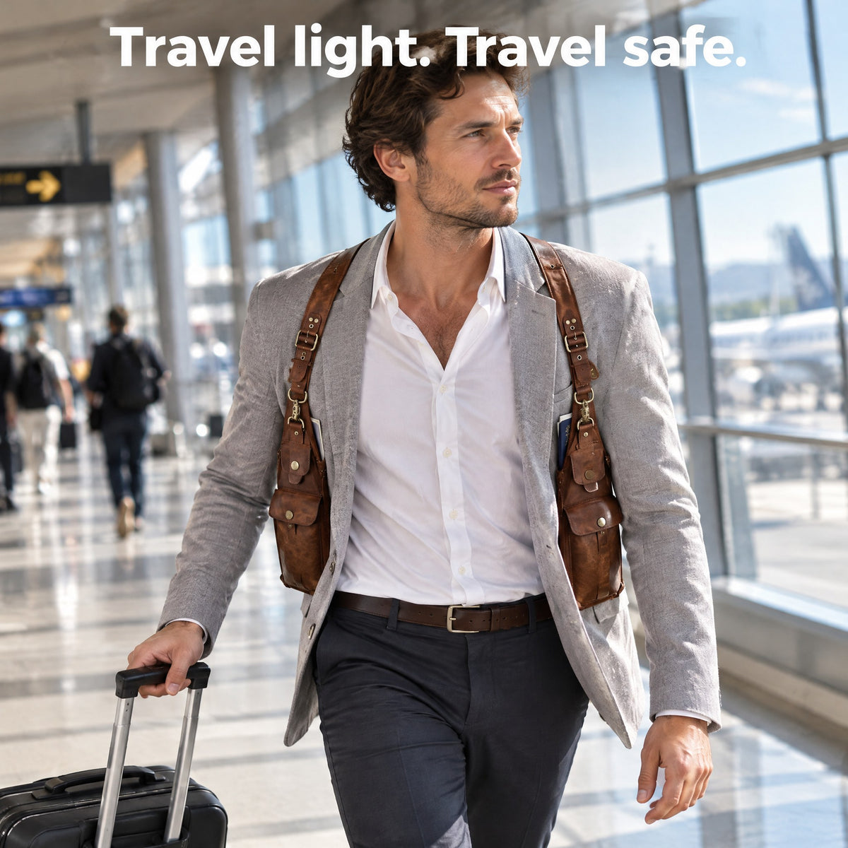 Man at the airport wearing the brown underarm harness under a blazer