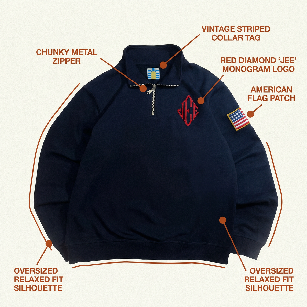Quarter Zip Navy Blue Sweatshirt Retro