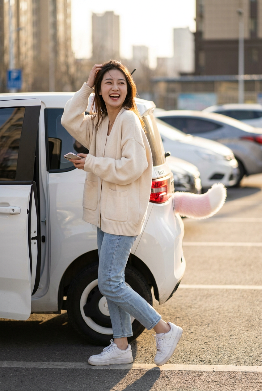 A young woman standing beside her car with the Foxy wagging tail mounted on the rear bumper
