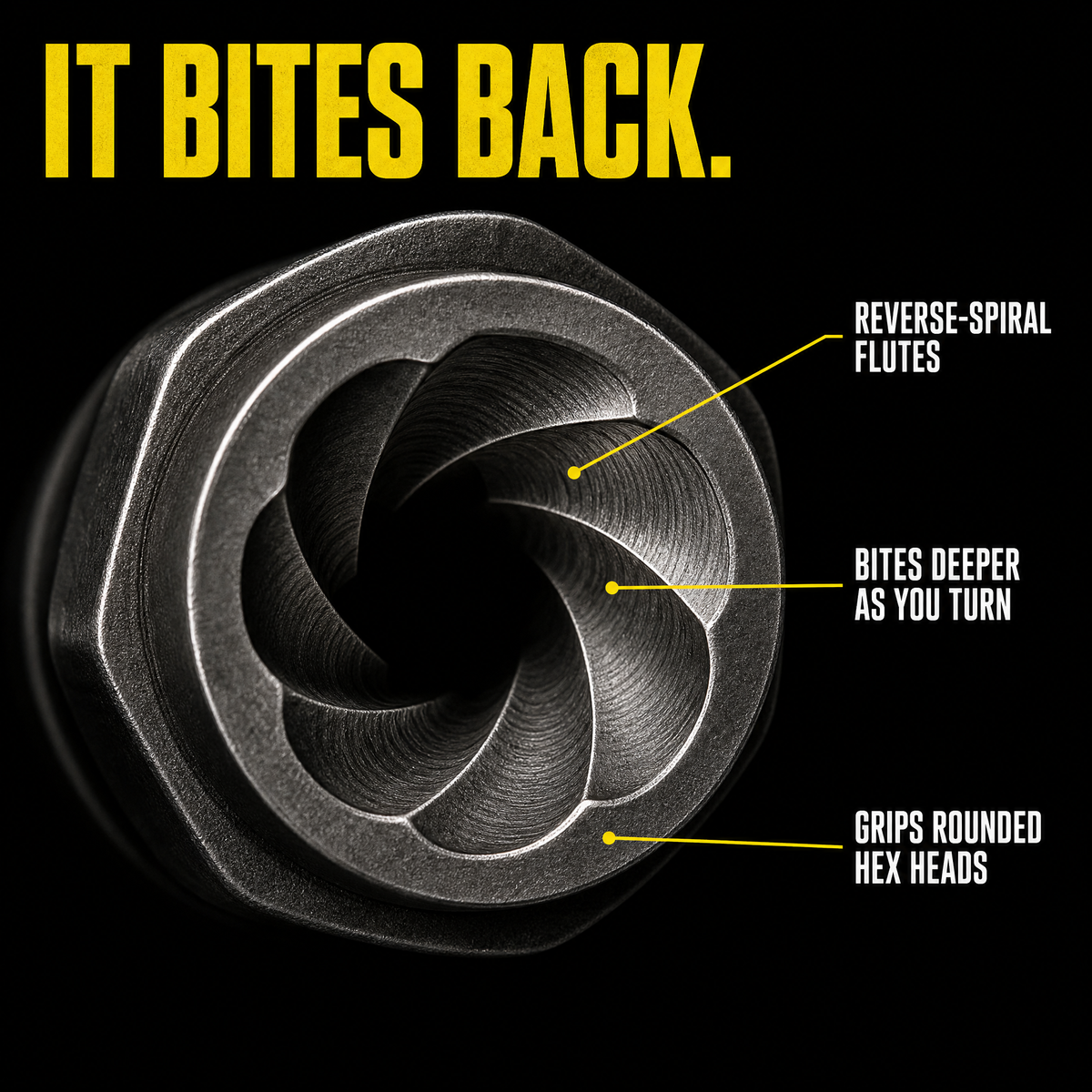 Inside an extractor socket: reverse-spiral flutes that bite deeper as you turn