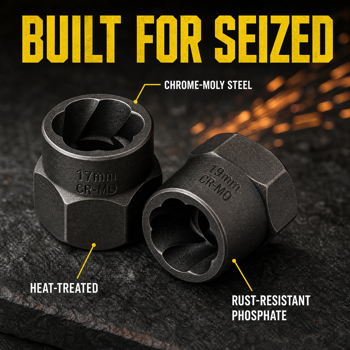 Chrome-moly steel, heat-treated, rust-resistant phosphate finish