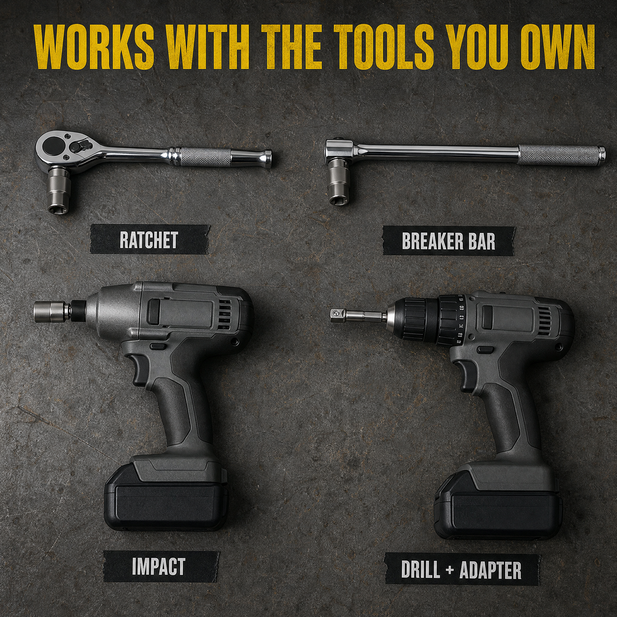 Works with a ratchet, breaker bar, impact or drill with the hex adapter