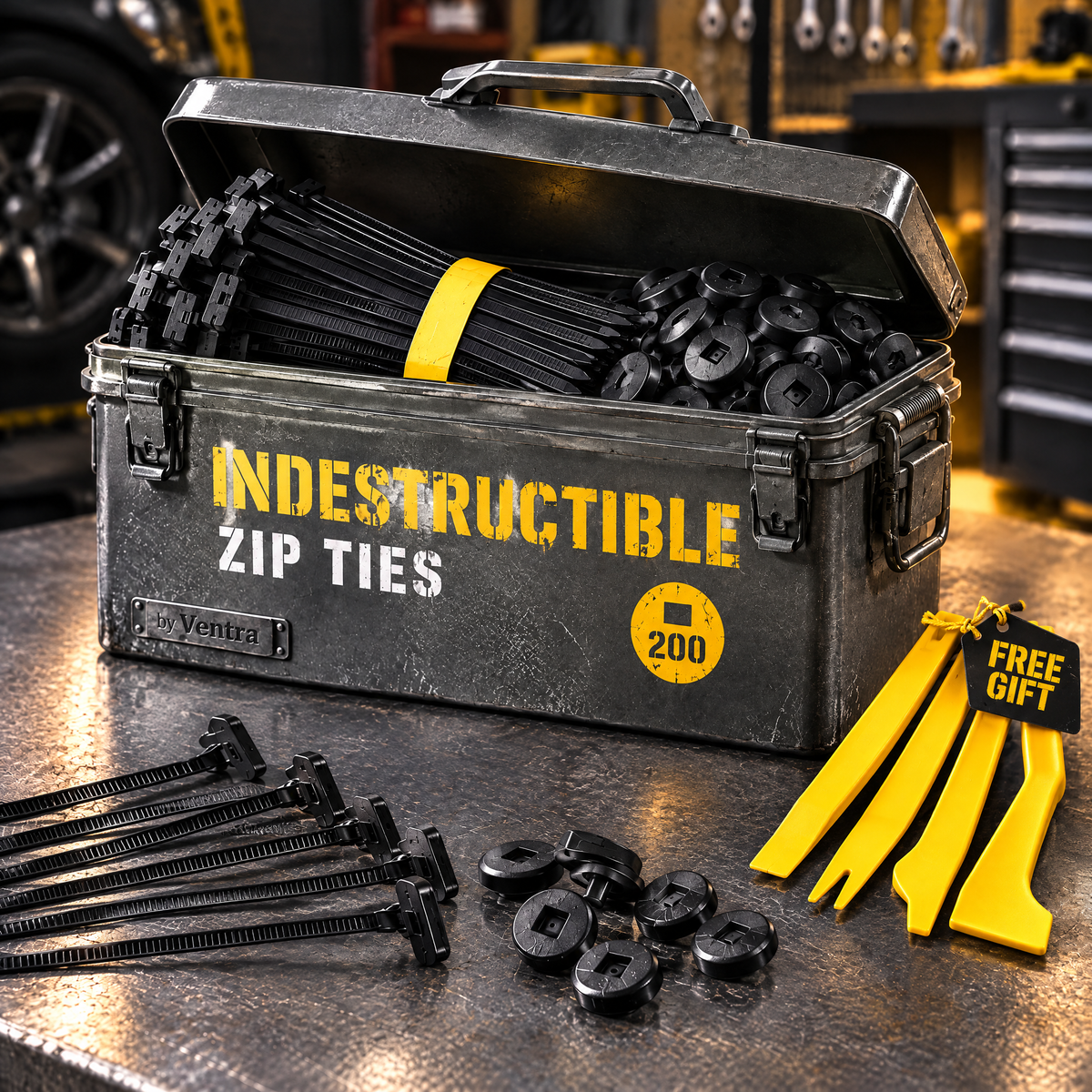 Indestructible Zip Ties in the steel tin with the free trim tool set
