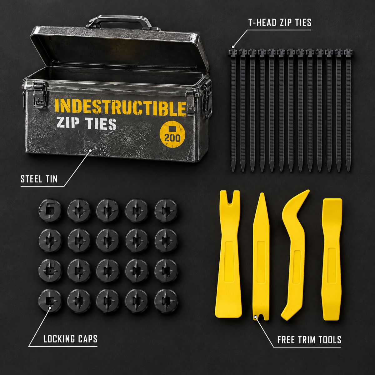 What you get: tin, T-head ties, locking caps and free trim tools