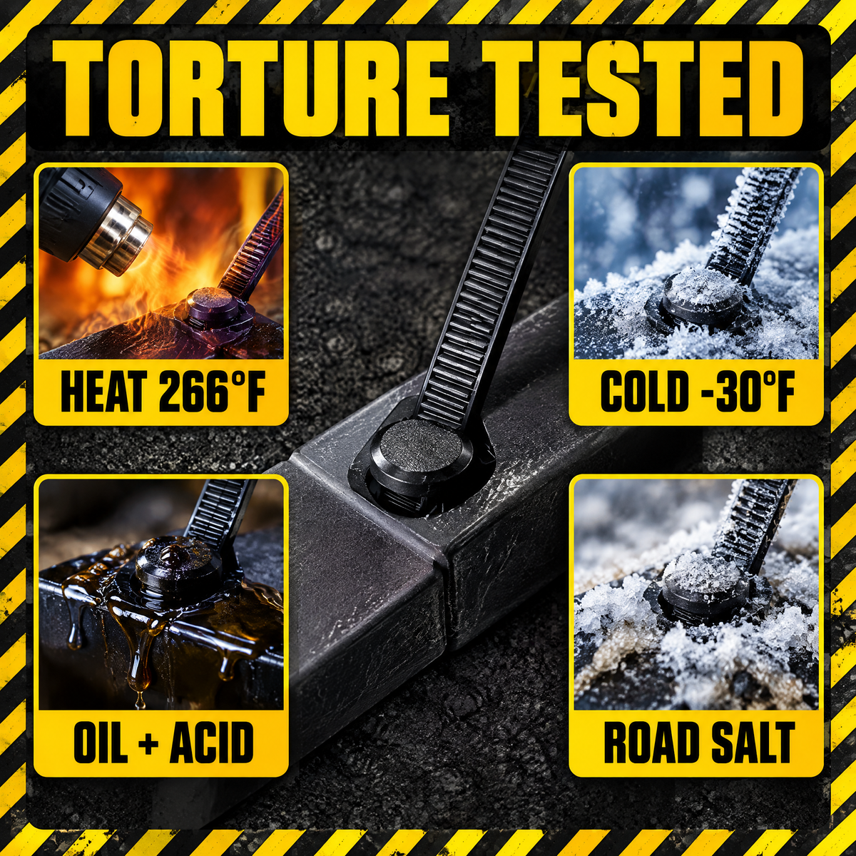 Torture tested: heat, cold, oil and acid, road salt