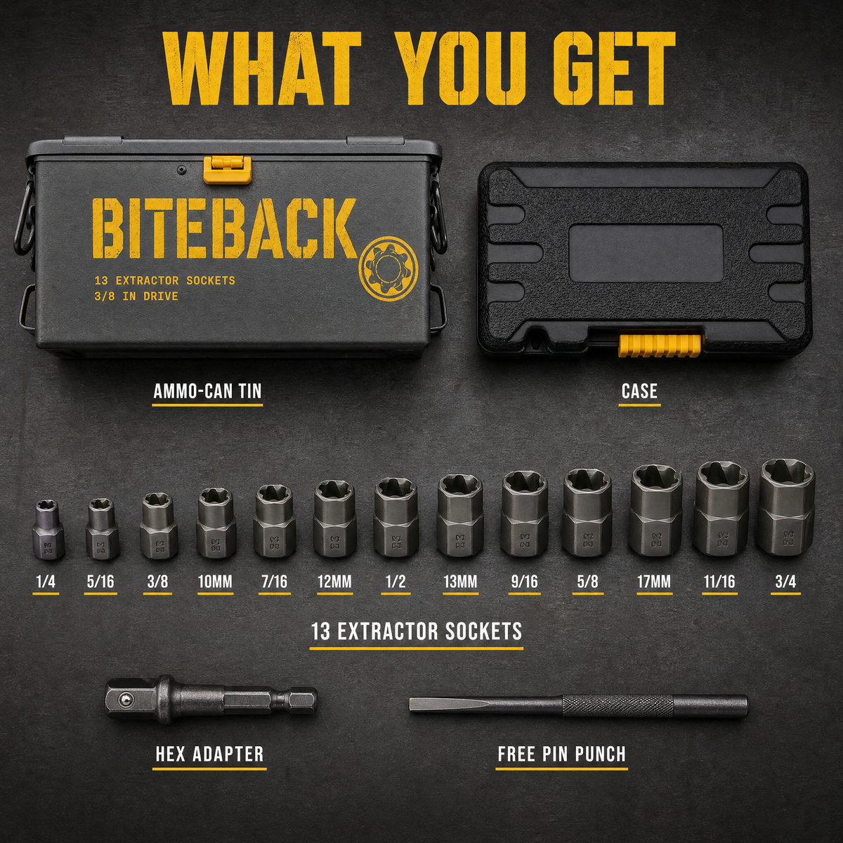 What you get: ammo-can tin, case, 13 extractor sockets, hex adapter and free pin punch