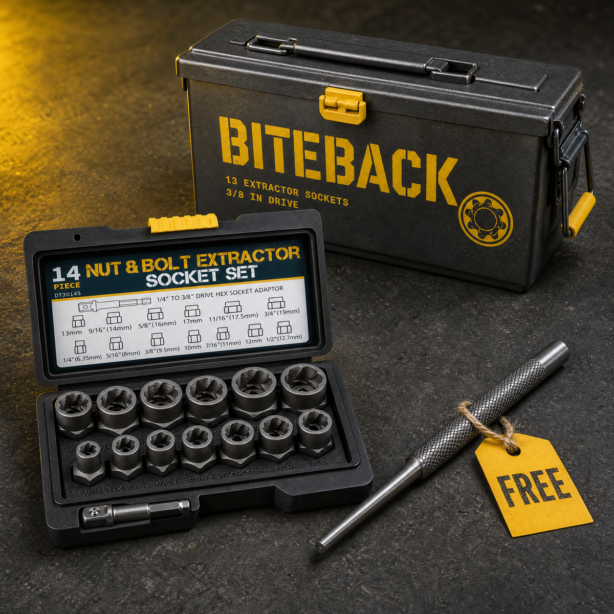 BITEBACK Starter: one extractor socket set with ammo-can tin and free pin punch