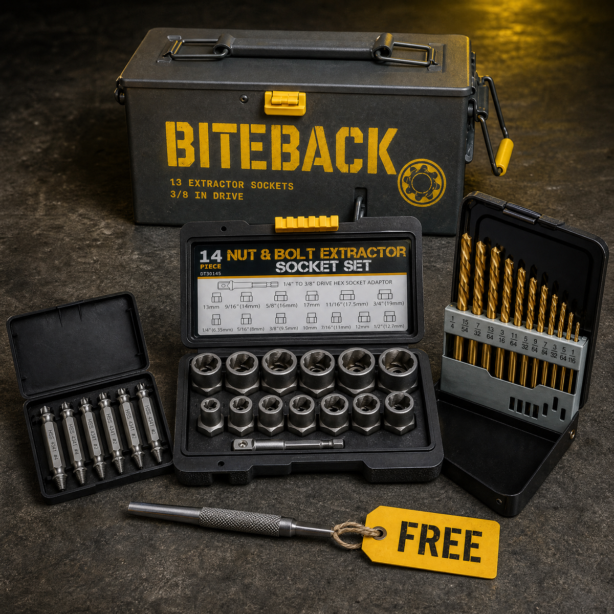 BITEBACK Pro Kit: extractor socket set, screw extractor bits, left-hand drill bits, ammo-can tin and free pin punch