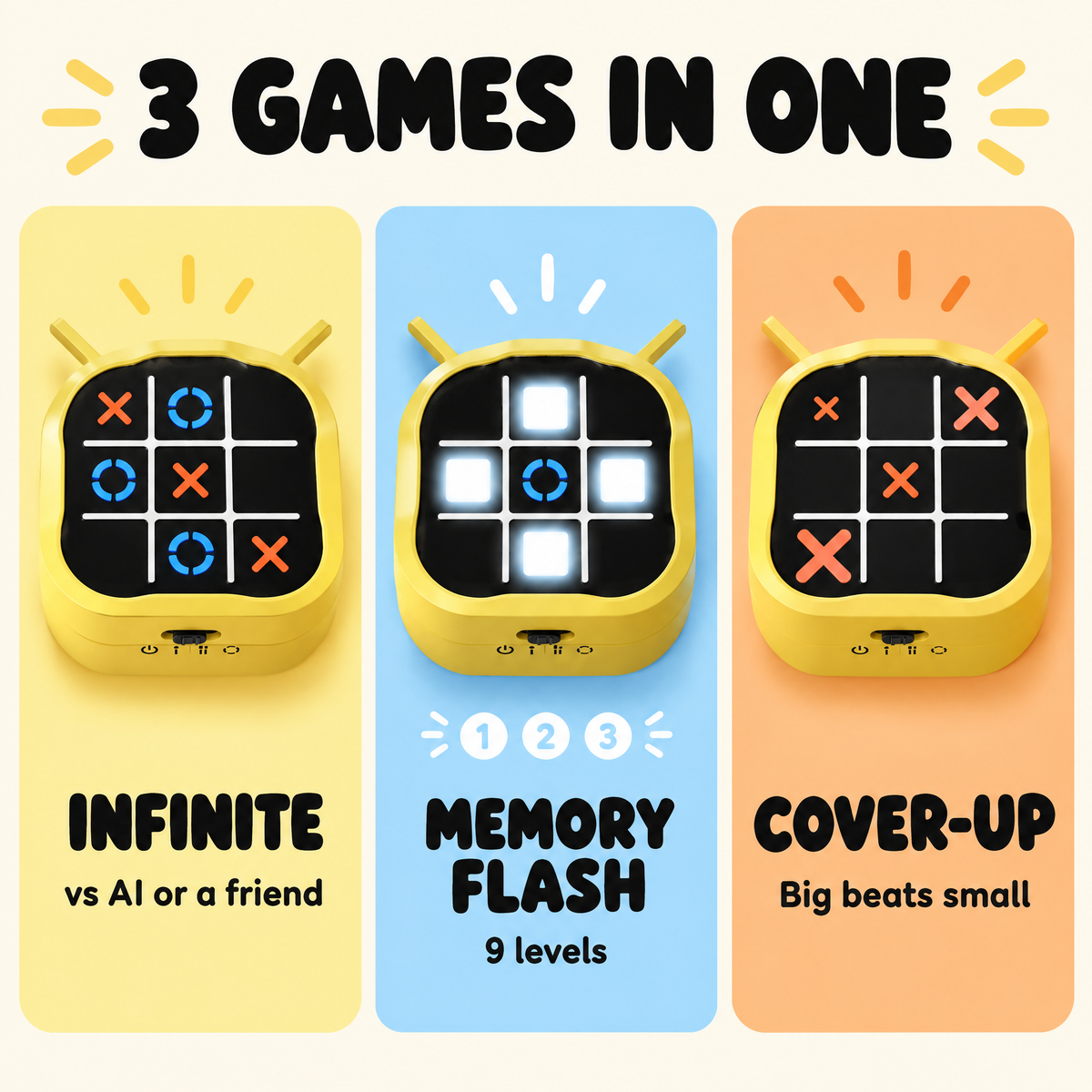 3 games in one: Infinite, Memory Flash, Cover-Up