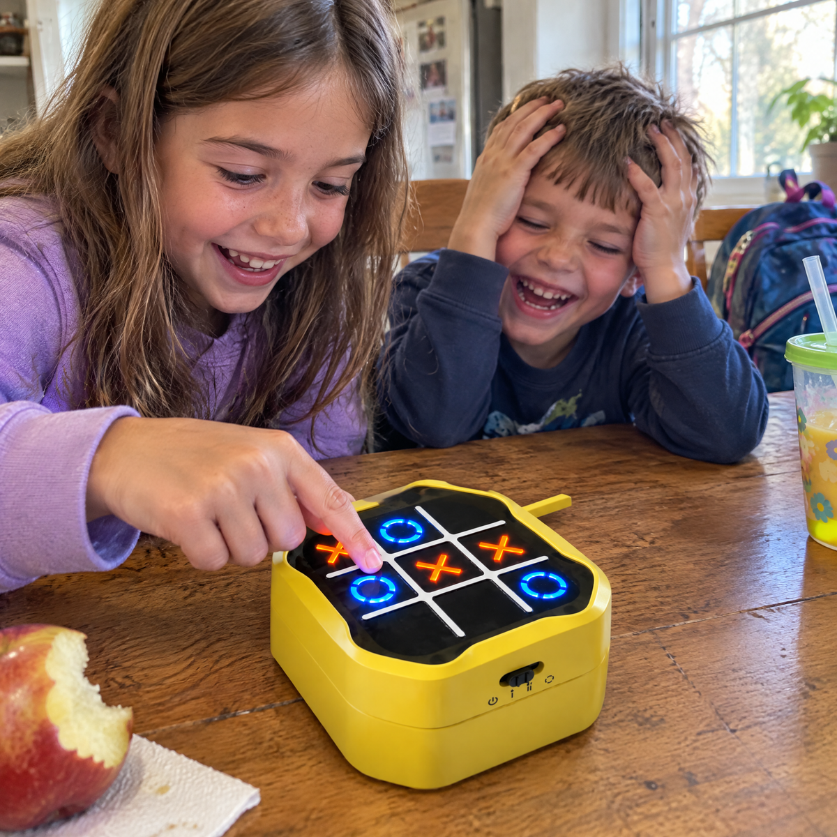 Siblings playing Tic Tac Toe Max at the kitchen table