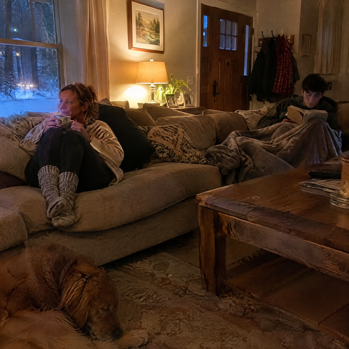 A warm living room on a winter evening