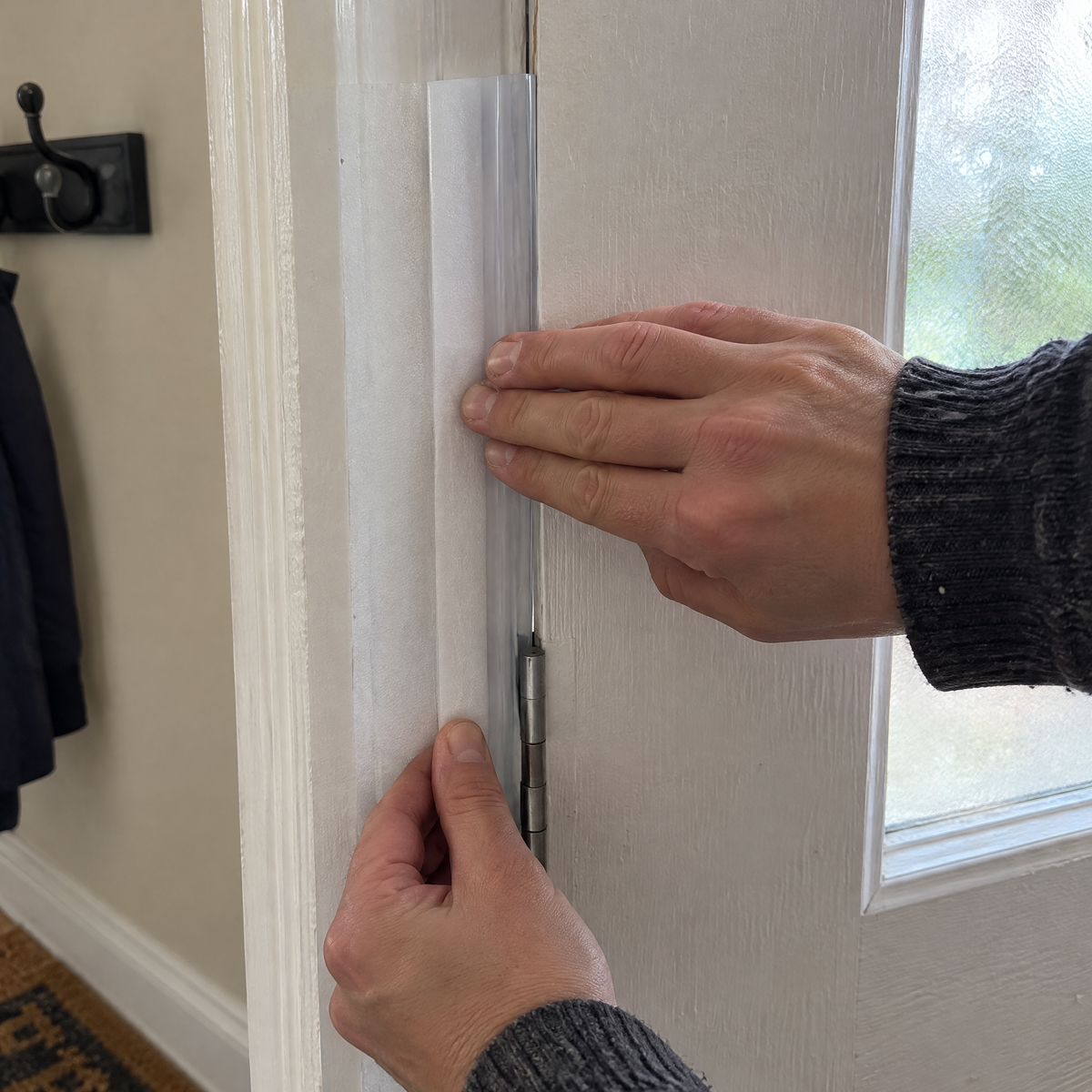 Pressing the clear seal onto a door frame