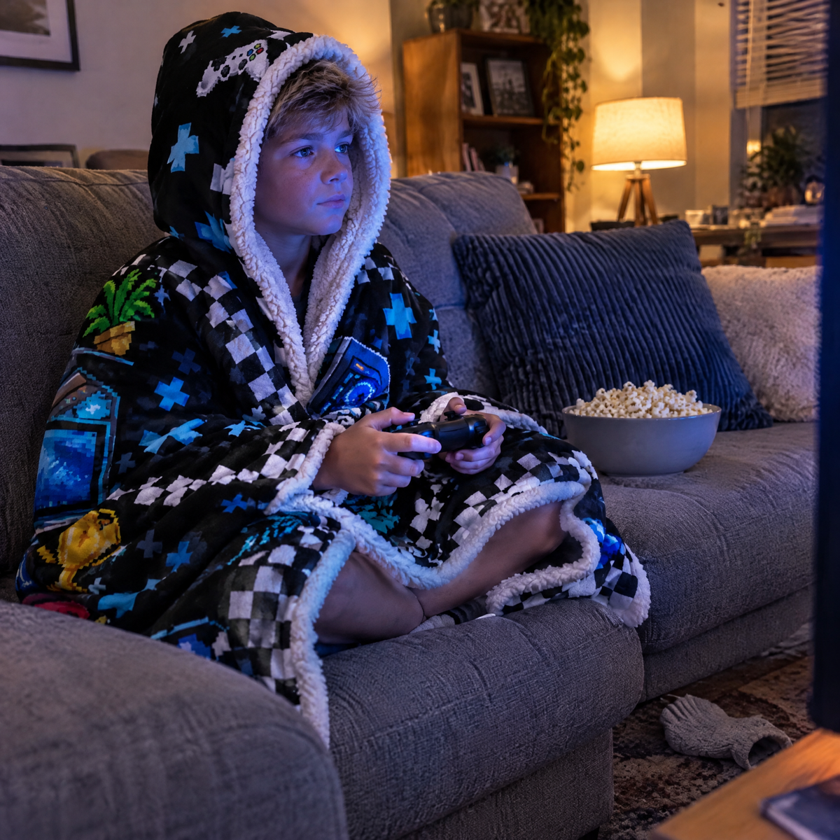Kid gaming on the sofa wrapped in the hoodie blanket with the hood up