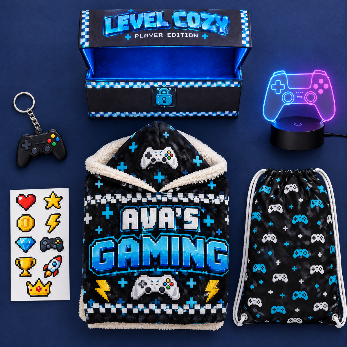What you get: blanket, loot chest, Player Pack and the Game Night Kit add-ons