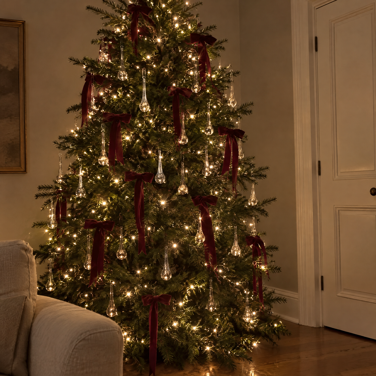 A full Christmas tree dressed in clear glass drops and red velvet bows