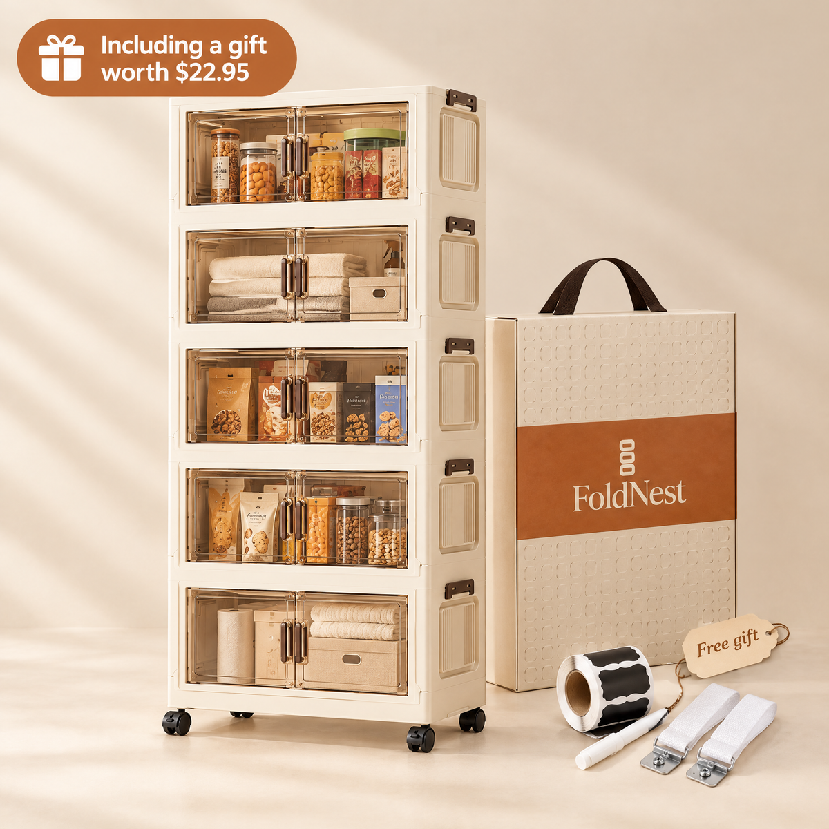 FoldNest 5-tier tower with its box and the free Set-Up Kit, including a gift worth $22.95