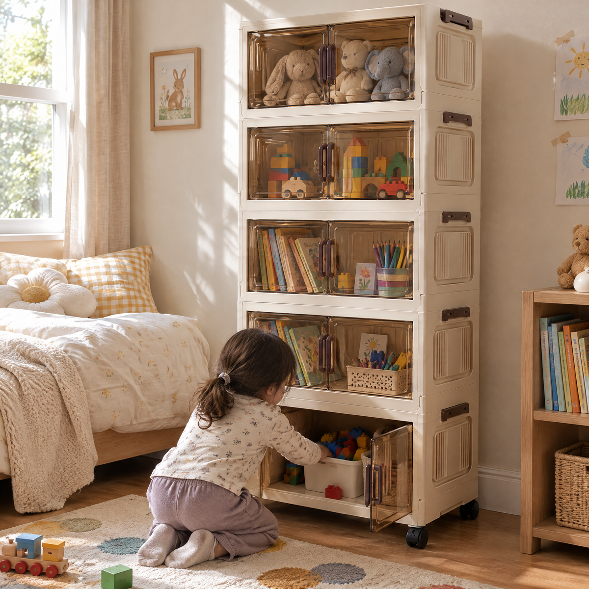 A FoldNest tower holding toys in a kid's room