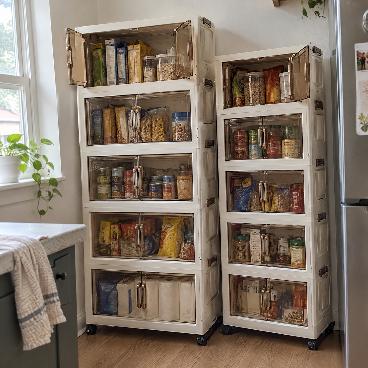 Two FoldNest towers as a kitchen pantry wall