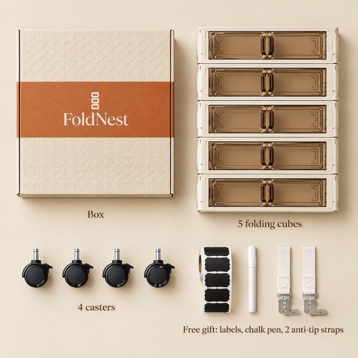 What you get: box, five folding cubes, four casters and the free Set-Up Kit