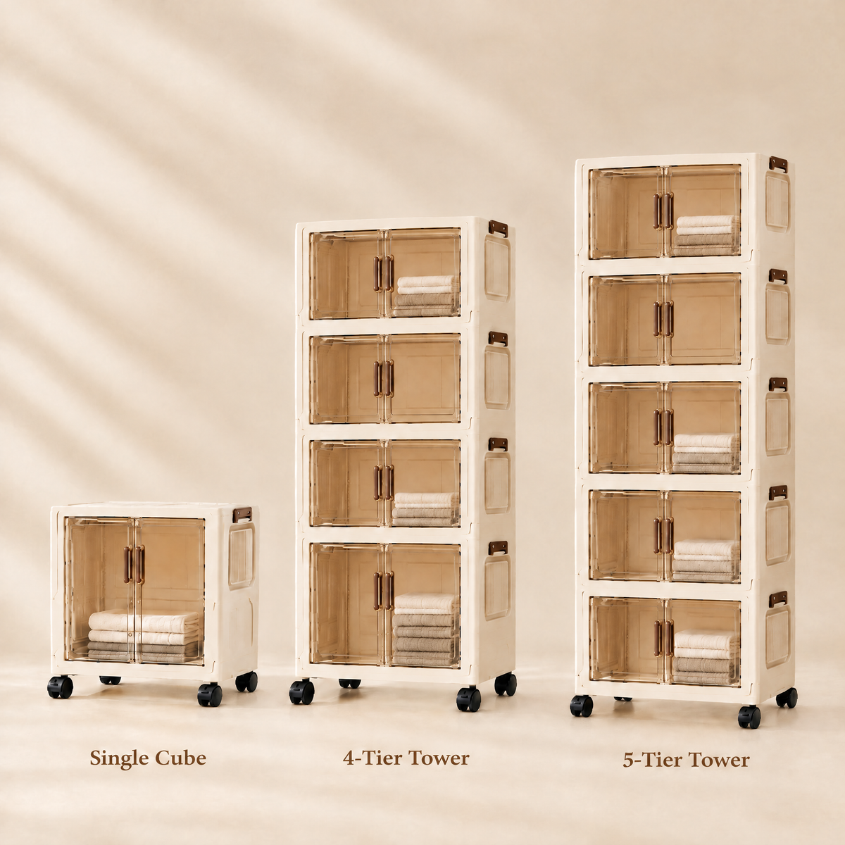 Single cube, 4-tier tower and 5-tier tower