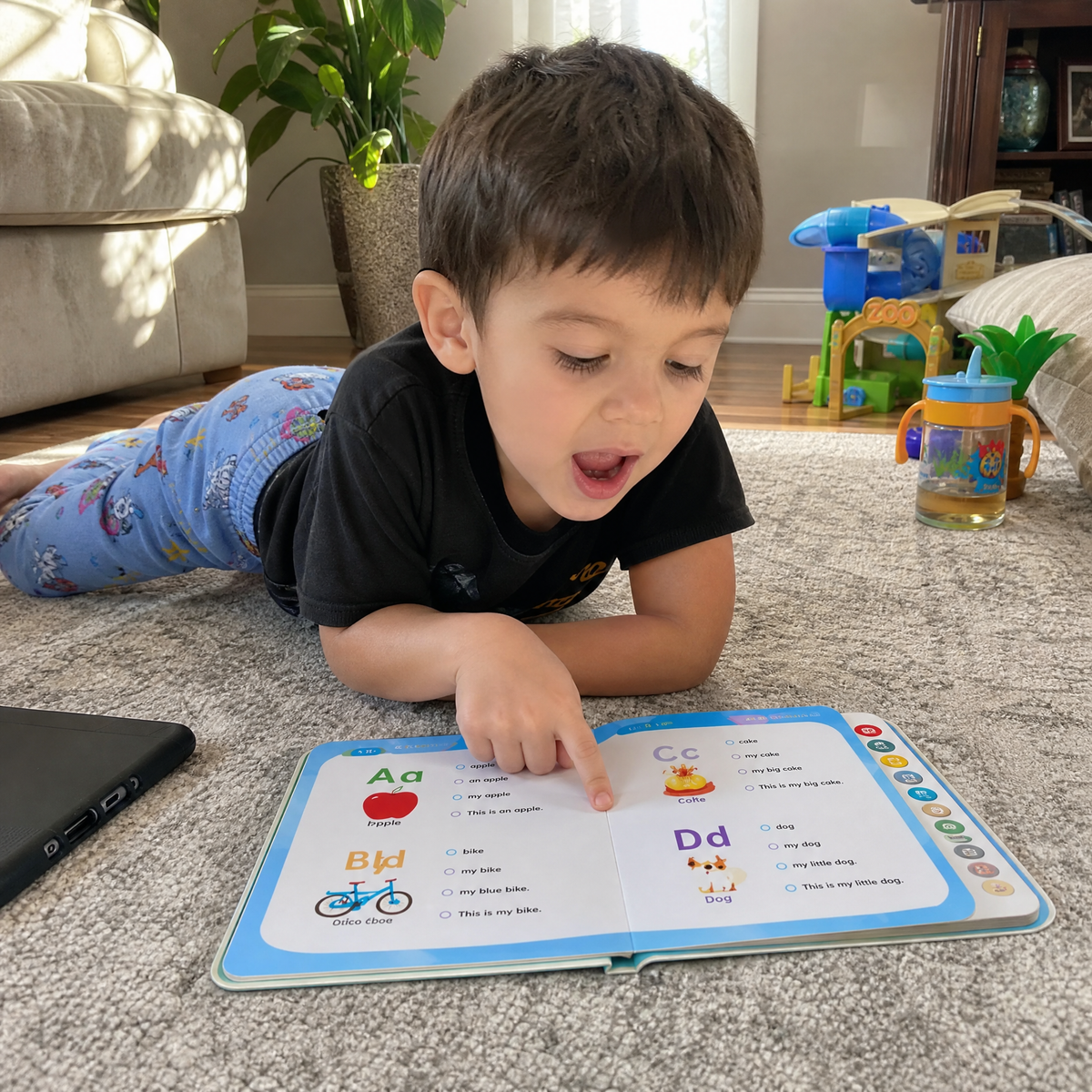A boy on the rug reading on his own while the tablet lies face down