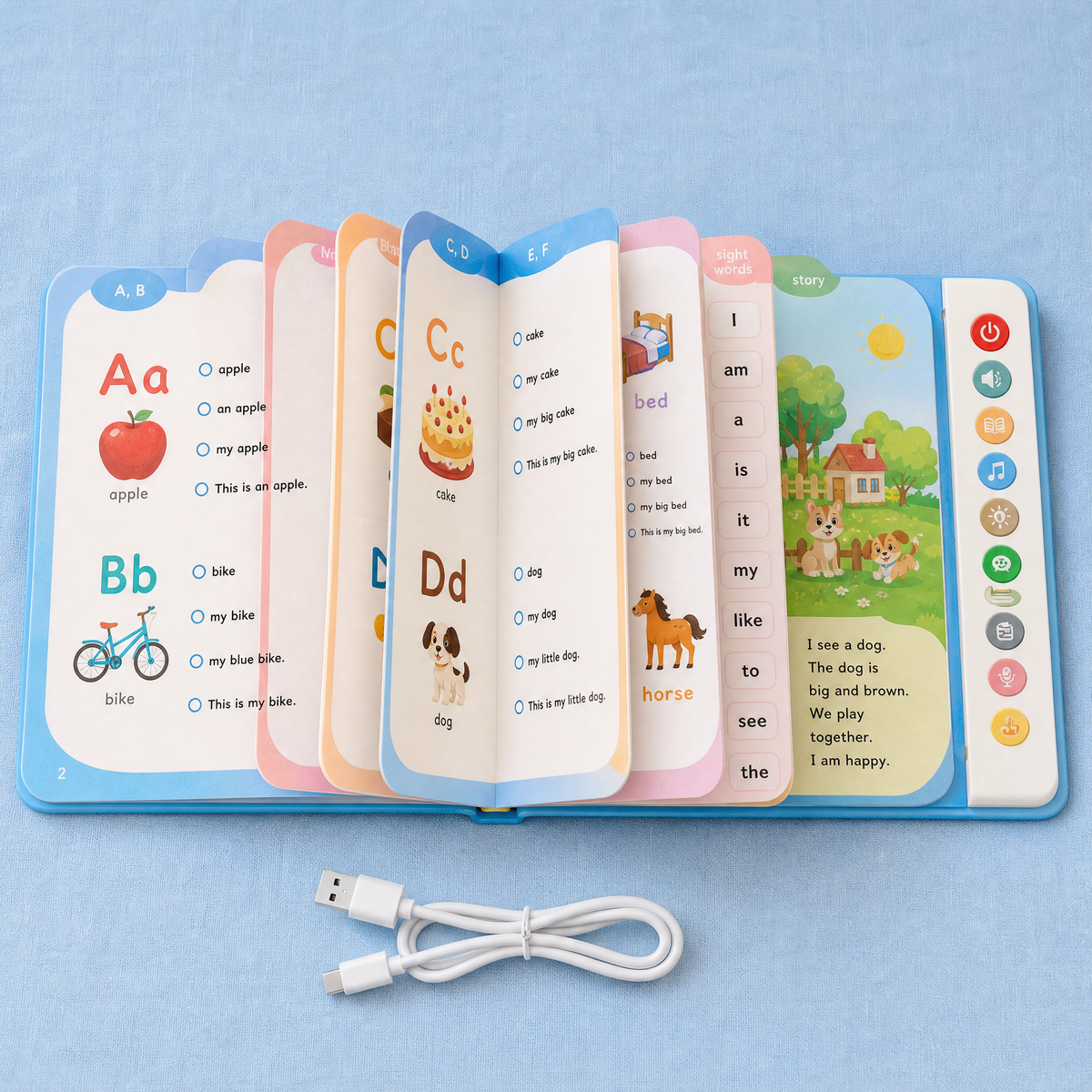 The book's pages fanned open: letters, words, sight words and a story