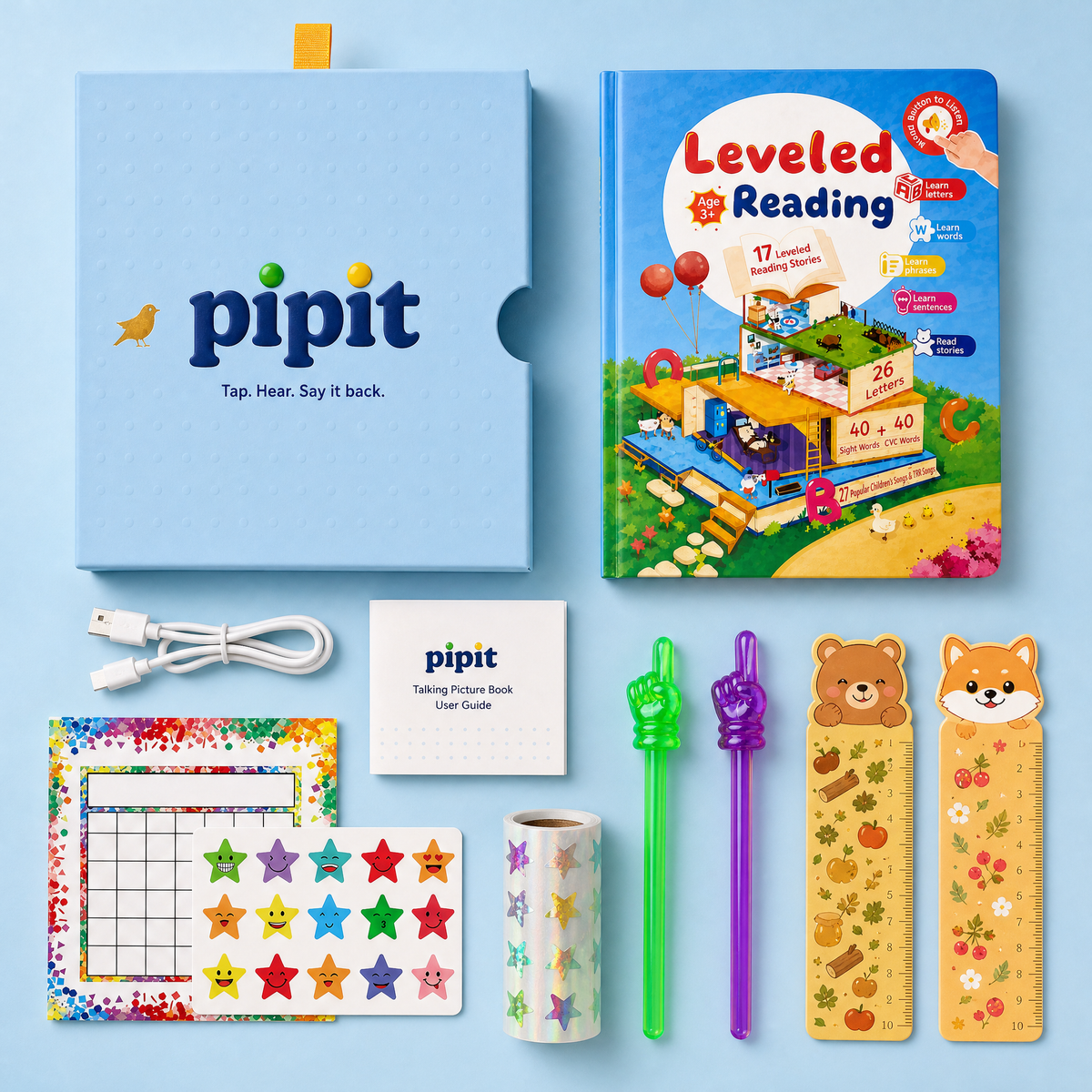 What you get: Pipit Reader, slipcase, USB-C cable, guide and the free Reading Star Kit