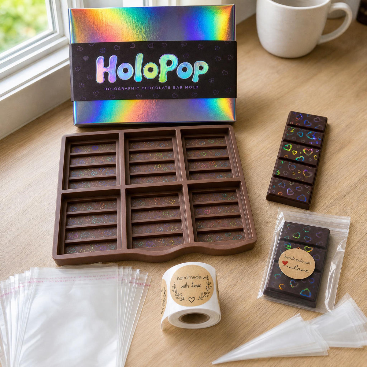 The HoloPop holographic foil box, the brown silicone bar mold, two rainbow heart chocolate bars and the free Wrap and Share Set: treat bags, Handmade with Love stickers and piping bags