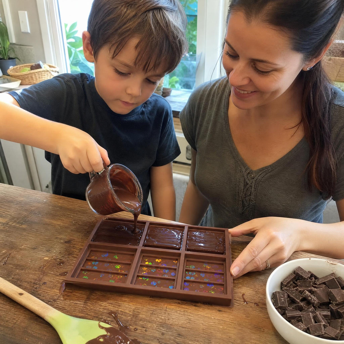 A boy pours melted chocolate into the HoloPop mold while his mom steadies it