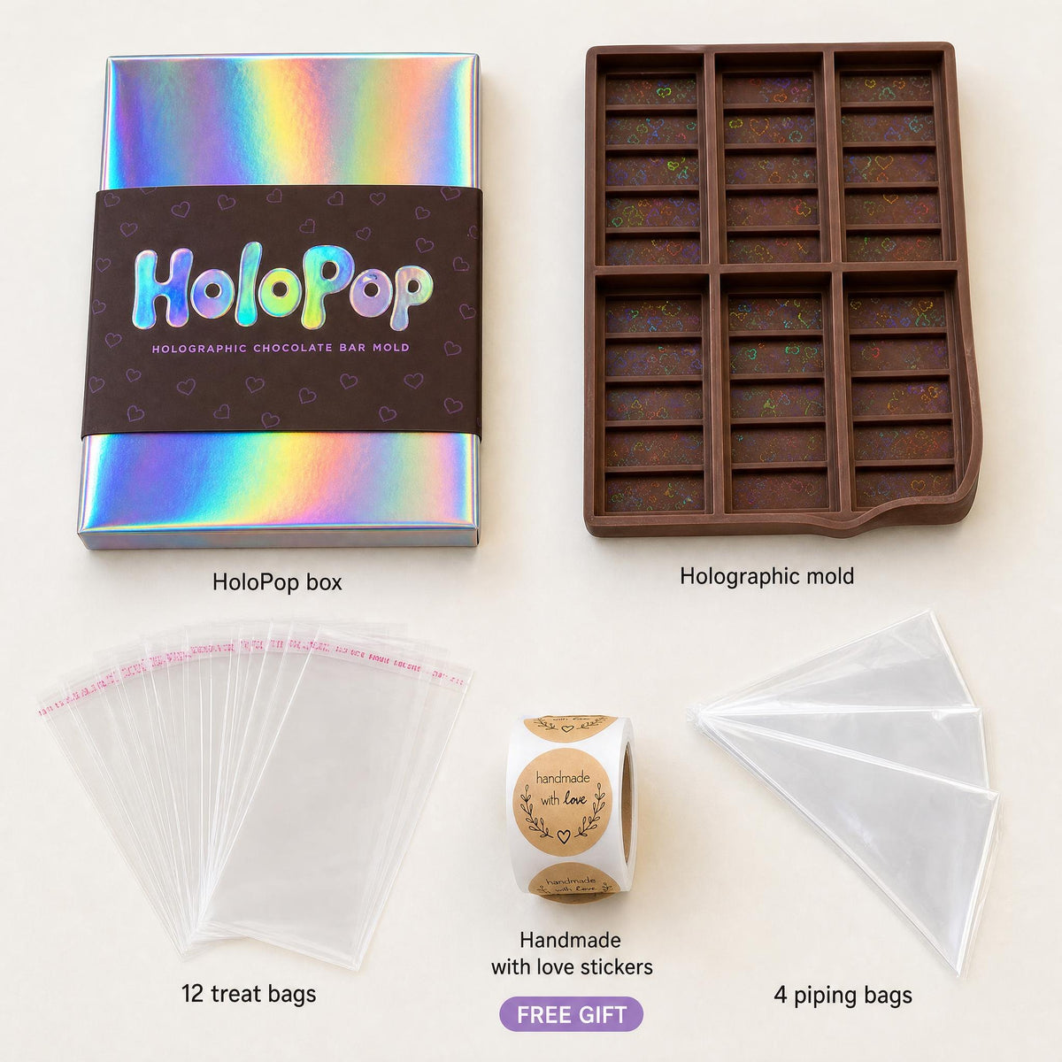 What you get: the HoloPop box, the holographic mold and the free gift of 12 treat bags, Handmade with Love stickers and 4 piping bags