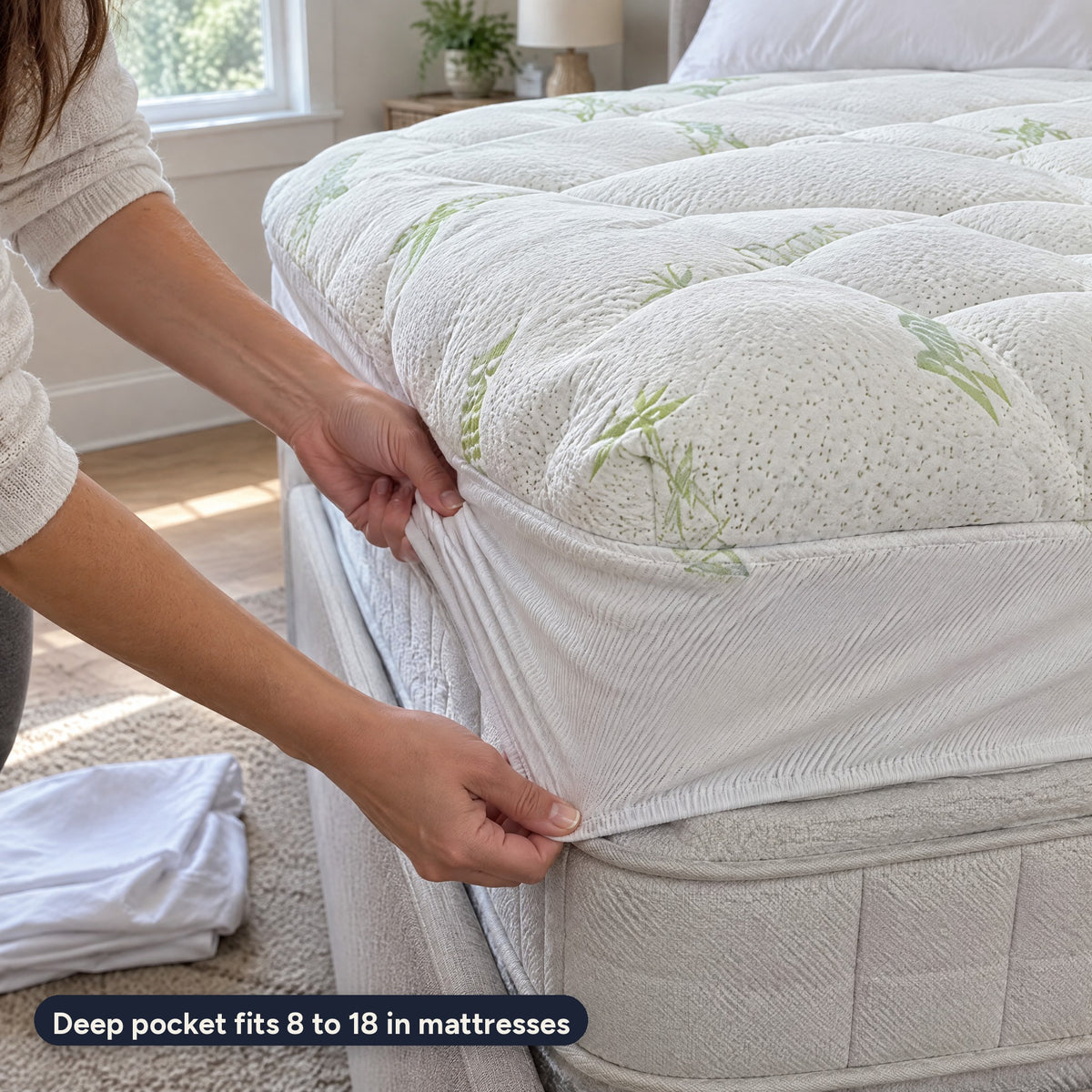The deep stretch pocket pulled over a thick mattress corner