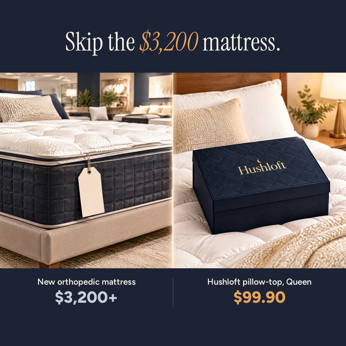 A $3,200 orthopedic mattress next to the Hushloft box at $99.90