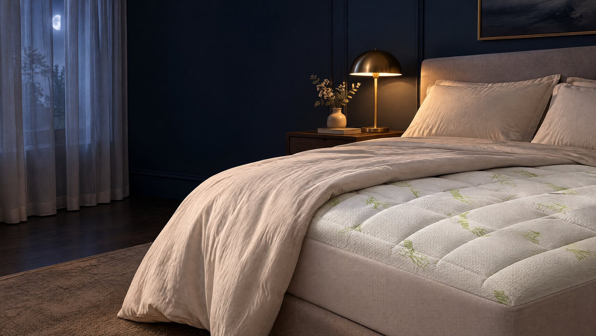 A calm bedroom at night with the pillow-top on the bed