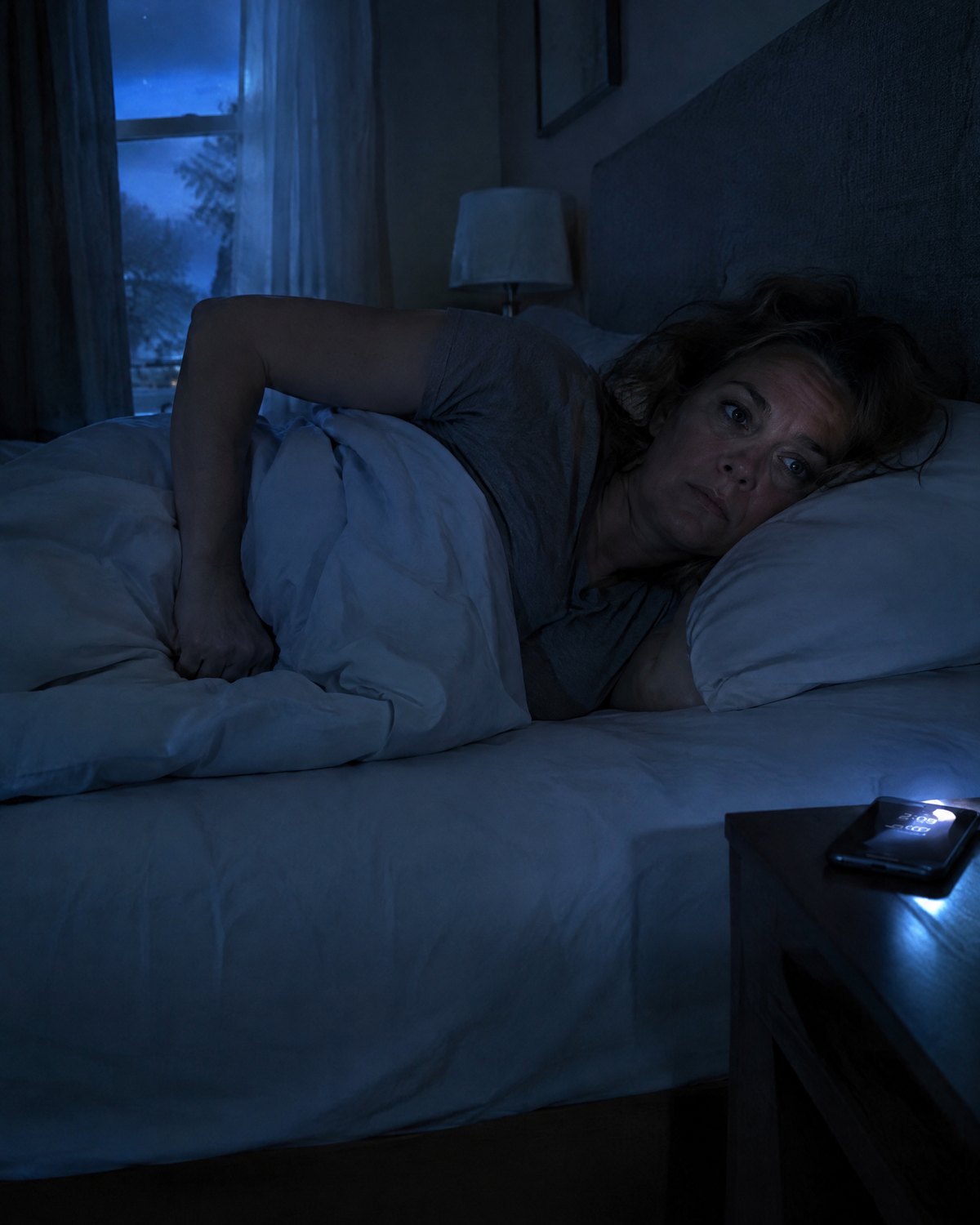 A woman awake at night on her side, hand on her hip