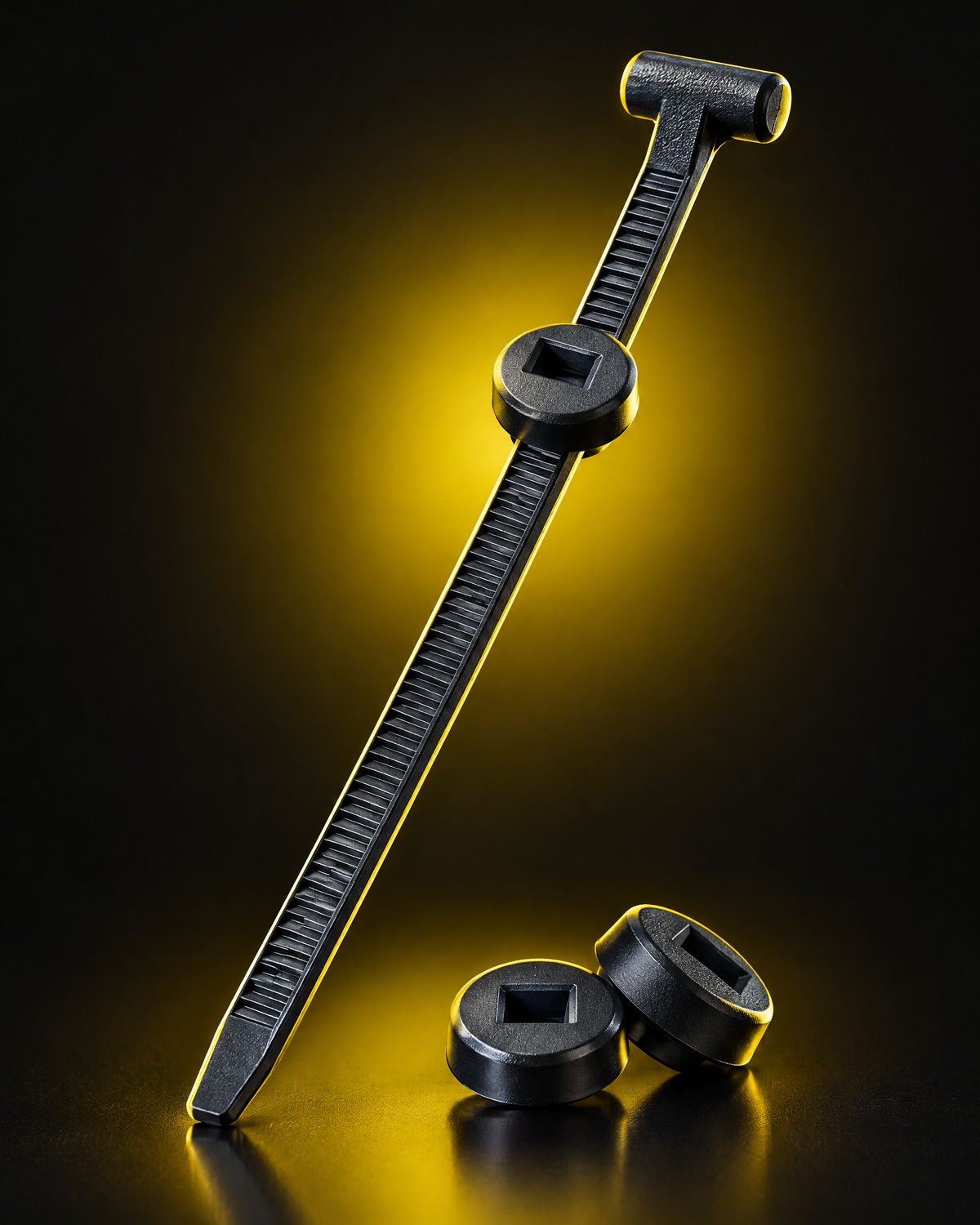 An Indestructible T-head zip tie with its locking caps