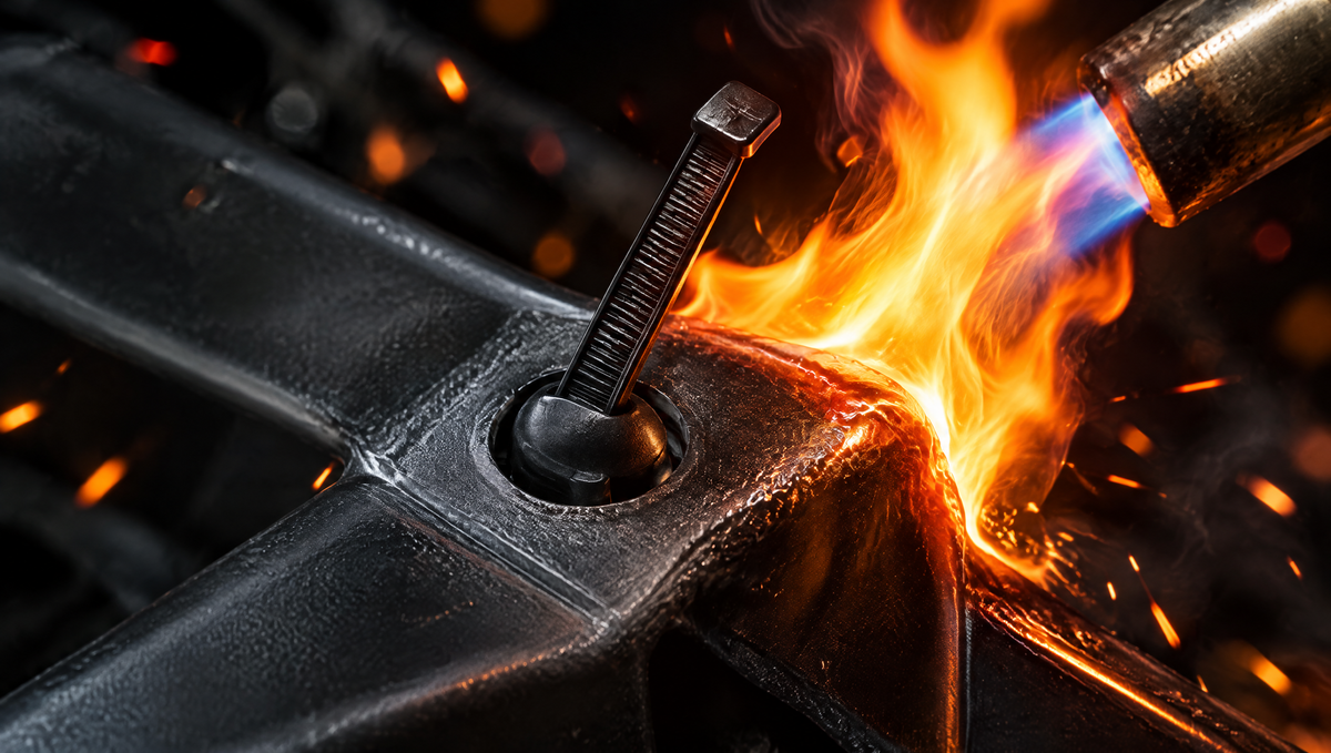 A locked zip tie holding a panel while a torch flame hits the edge