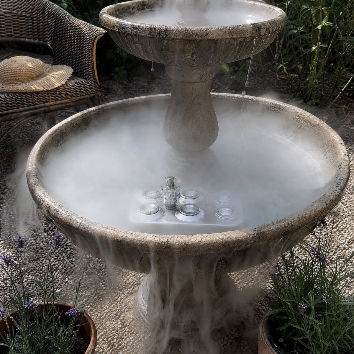 Fog spilling over a garden fountain bowl
