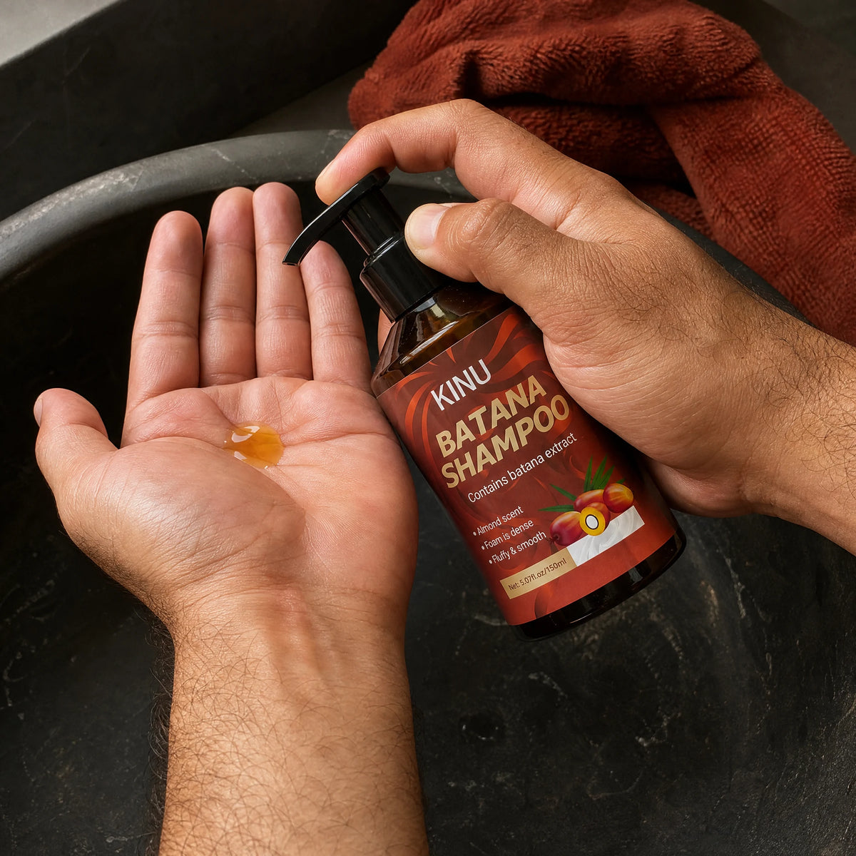 An adult man's hands dispensing KINU shampoo from its 150 ml pump bottle into his palm