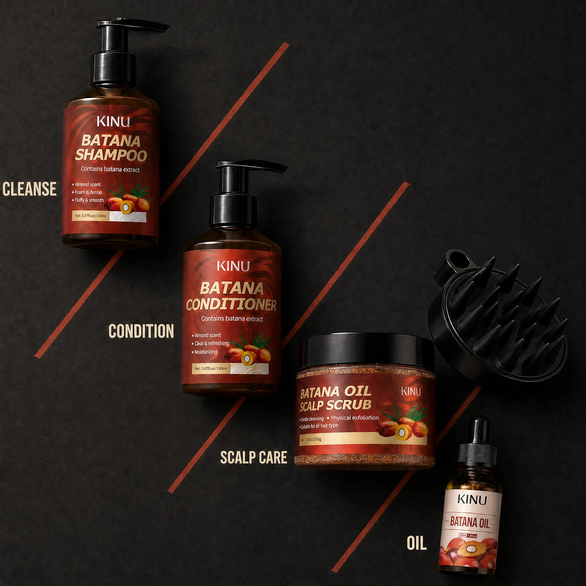 KINU collection arranged into cleanse, condition, scalp care and oil stations
