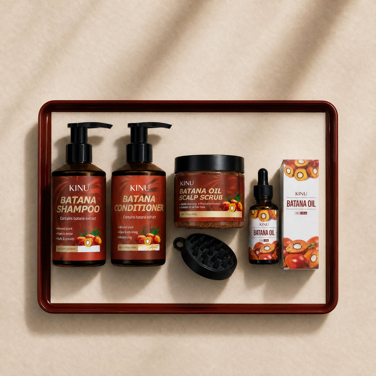 KINU men's haircare collection with shampoo, conditioner, scalp scrub and brush, and hair oil