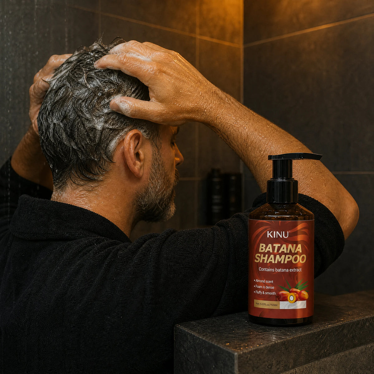 An adult man using KINU shampoo as part of his grooming routine
